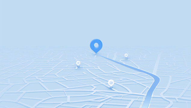 Blue City Map Navigation Concept with Pin Markers and Route Path. Vector illustration.