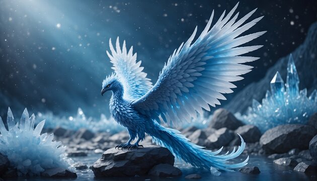 A mystical ice blue phoenix perched on frosty crystalline rocks with wings partially spread in a winter landscape