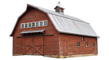 Rustic red wooden barn with a corrugated metal roof and weathervane, isolated on transparent background, traditional farm building PNG © Finn