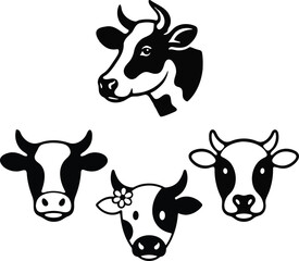 Collection of various cow heads and faces silhouettes vector illustration
