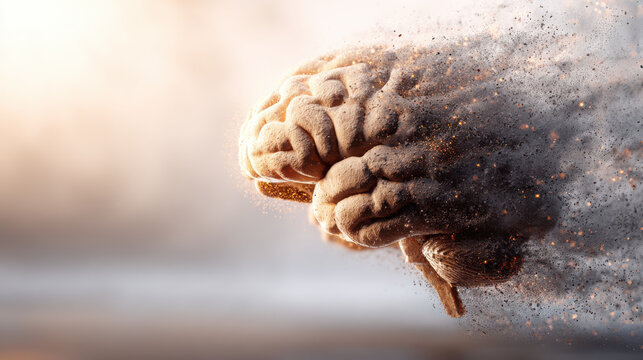 Human brain disintegrating into particles, symbolizing cognitive decline mental decay. Conceptual representation of brain rot personality degradation illustrating impact of technology AI on human mind