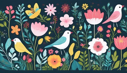 Obraz premium whimsical nature blooms and birds vector