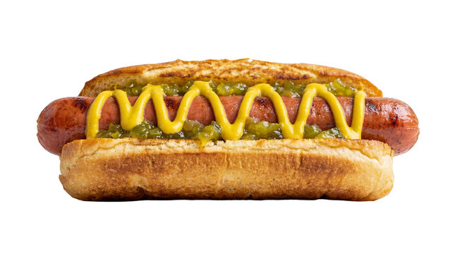 Perfectly grilled hot dog with bright yellow mustard and green relish in a toasted bun, a classic American fast food isolated PNG for menus