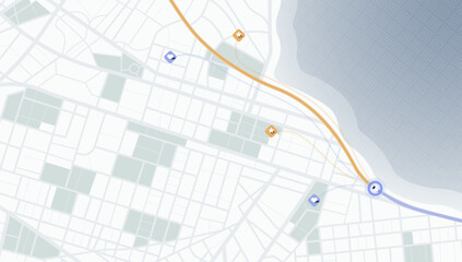 Fototapeta premium Coastal city map with navigation route along the beach. Vector illustration.