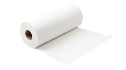Fototapeta premium Single roll of white paper towels, partially unrolled, showing texture and perforations, isolated on a clean studio background for hygiene and cleaning concepts
