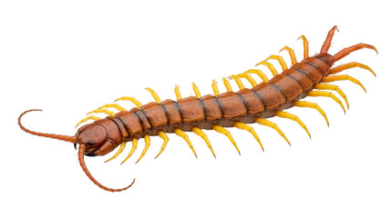 Detailed studio shot of a large tropical centipede with segmented brown body and vibrant yellow legs, an intimidating arthropod isolated PNG