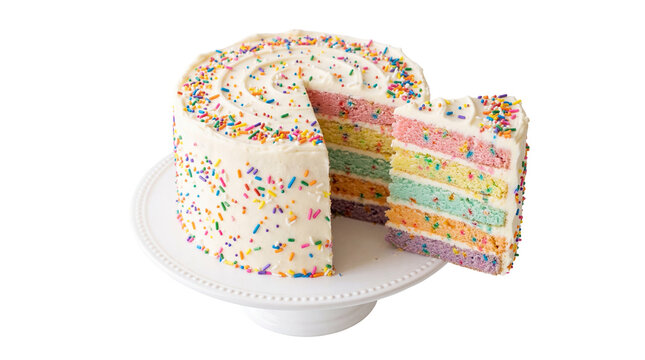 Vibrant rainbow layer cake with creamy white frosting and colorful sprinkles, a delicious slice isolated on a cake stand, perfect for celebrations PNG