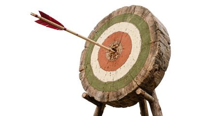 Wooden archery target with a red-fletched arrow hitting the bullseye, perfectly isolated PNG for precision and success concepts © Finn