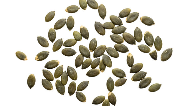 Scattered green pumpkin seeds, healthy snack ingredient for cooking and baking, isolated PNG on transparent background