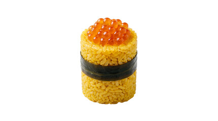 Delicious Japanese Ikura Gunkan Maki sushi, a vibrant culinary delight with glistening orange salmon roe on yellow rice, isolated PNG on transparent background © Finn