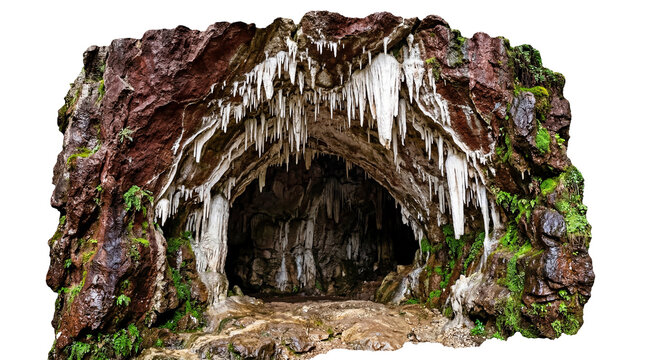 Majestic natural cave entrance featuring numerous white stalactites and vibrant green moss on rugged brown rock formations, isolated PNG on transparent background, a captivating geological wonder