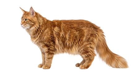 Majestic ginger Maine Coon cat standing in profile, looking left, with green eyes and fluffy fur,...