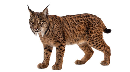 Majestic Iberian lynx with distinctive spotted fur and tufted ears, standing gracefully, isolated on transparent background, a powerful wild cat PNG © Finn