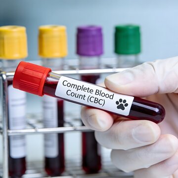 Veterinarian holding a complete blood count sample tube with paw print indicating animal laboratory testing.