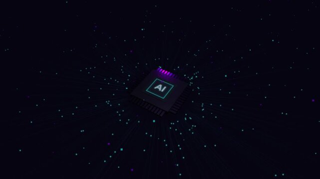 Futuristic central processing unit with 'AI' glowing at its core, representing intelligent processing and advanced digital systems.