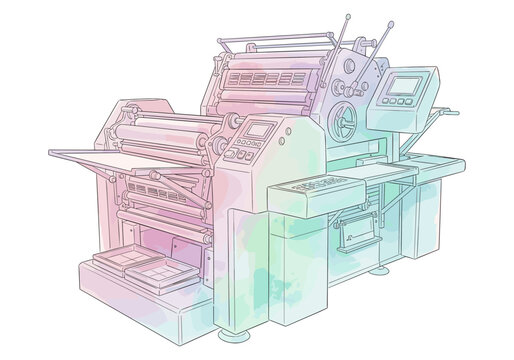 Modern printing press machine with digital controls and pastel watercolor accents