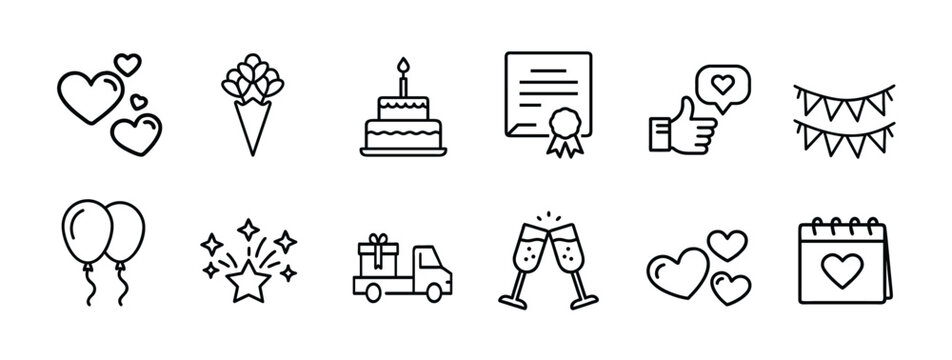 Celebration and party outline icon set featuring birthday cake and heart balloon for event decoration and more vector illustration or editable stroke