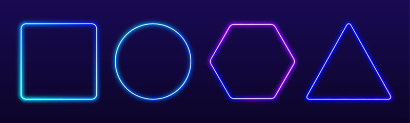 Multicolor neon geometric set triangle square hexagon circle with glowing gradient and smooth curves png © longstock