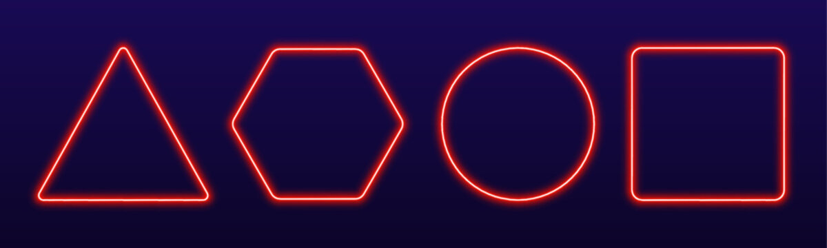 Neon geometric frames triangle square hexagon circle with luminous glow and smooth transitions png