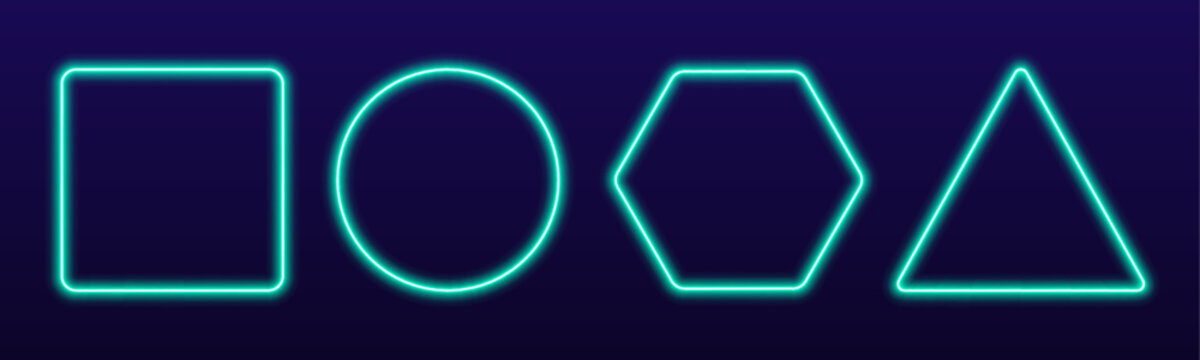Multicolor neon outline set triangle square hexagon circle with glowing borders and dynamic light png