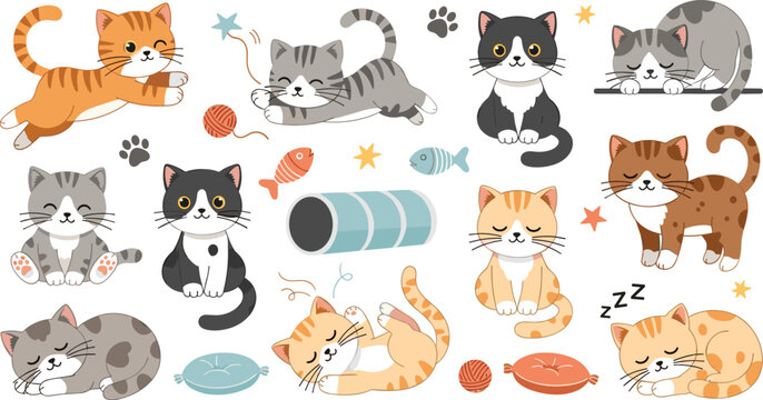 Cute Cat Cartoon Vector Set Featuring Adorable Kittens Playing, Sleeping, Sitting and Jumping with Yarn Balls, Fish Toys, Paw Prints and Pet Elements.