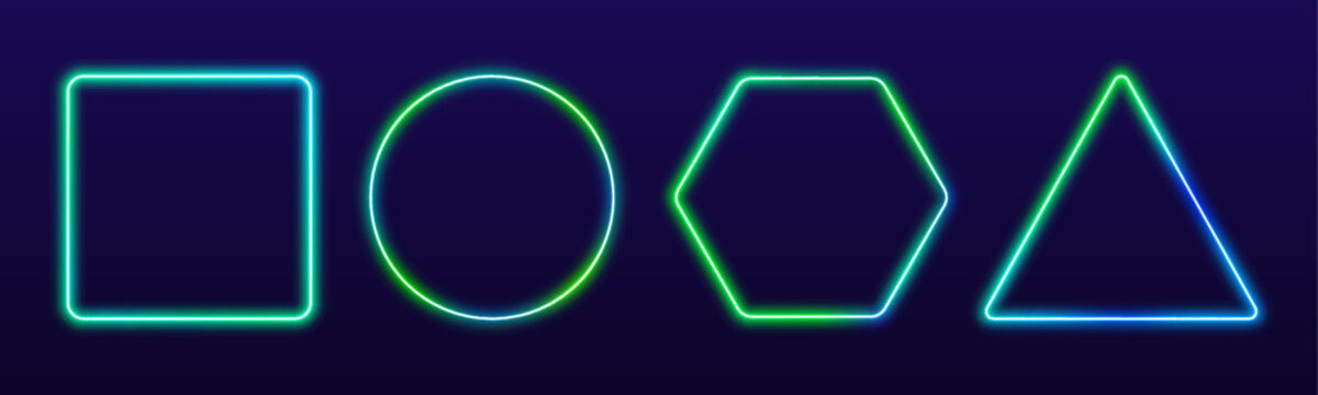 Rainbow neon shapes set triangle square hexagon circle with luminous outlines and bright edges png