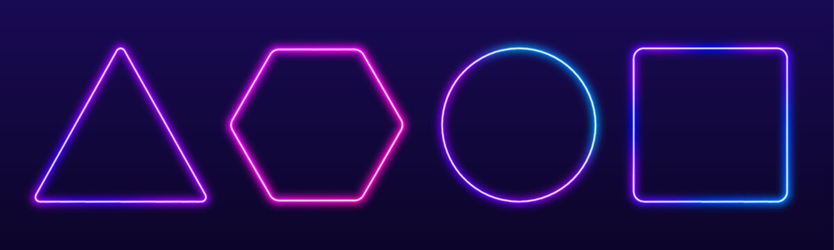 Neon outline frame set triangle square hexagon circle with glowing gradient and smooth lines png