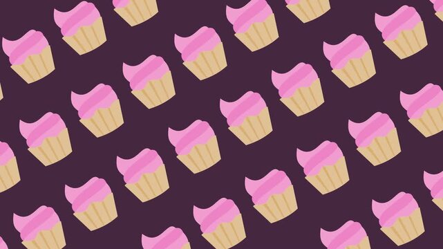 Seamless pattern with pink frosted cupcakes on a background animation. Repeating bakery wallpaper with a minimalist vanilla flavor. Diagonally aligned sweet dessert banner.