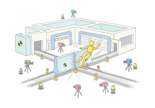 Crash test dummy collides with concrete barrier in controlled laboratory experiment