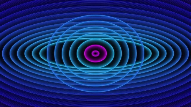 Glowing concentric patterns expanding into an abstract digital background in vibrant neon colors, dynamic visual