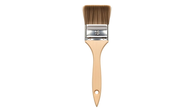 A close-up view of a traditional wooden paintbrush with a natural bristle brush head and a white label on the ferrule