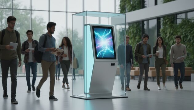 Medium shot of a futuristic AI kiosk providing help in a campus common area touchscreen illuminated sharply as students and staff move softly out of focus.