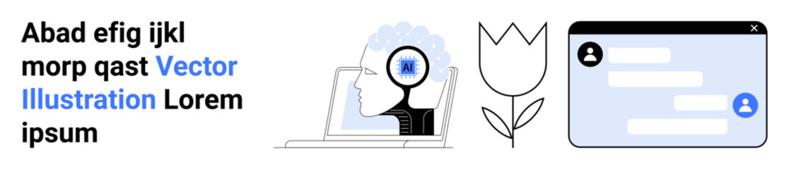 Fototapeta premium Digital identity, communication, online interaction, analysis, artificial intelligence, creative design. Magnifying glass over a head, chat window laptop and flower. Digital identity