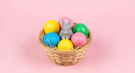 Colorful easter eggs and bunny in a basket