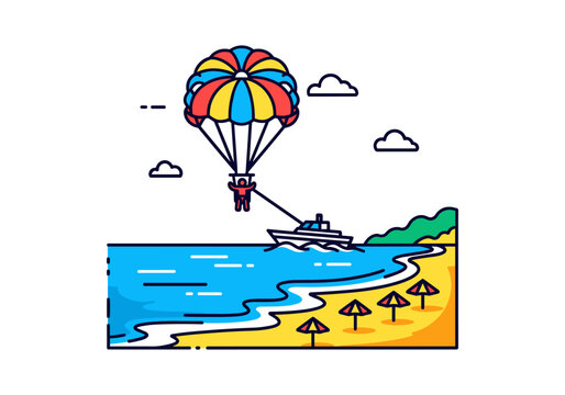 Colorful parasailing adventure over the ocean with a boat and beach umbrellas