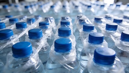 Rows of clear plastic water bottles sealed with bright blue caps await distribution from the bottling facility.