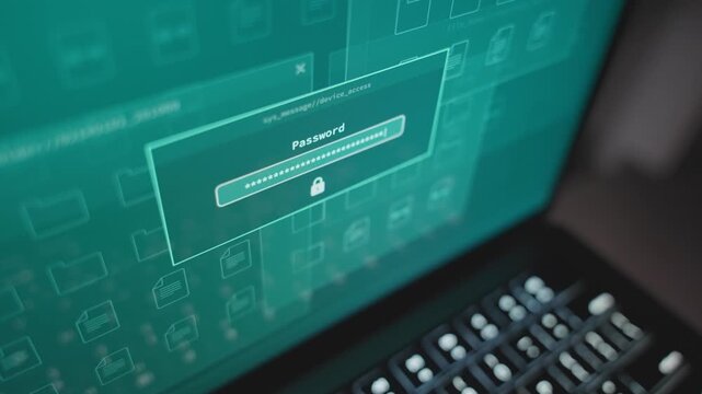 Close up on laptop computer screen typing in correct password access granted. Hacker spy or person remotely connected working in system enters right key code to use files and folders on server or pc
