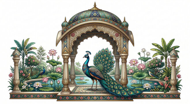 An ornate vintage style indian palace gate features a peacock and lush garden scene on transparent background