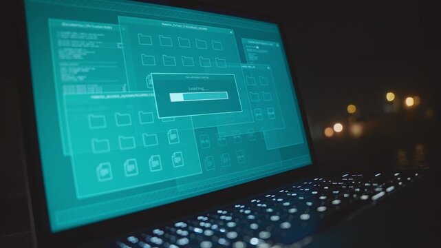Office desk with computer laptop loading file data and information remote access. Hacker or spy working on computer. Screen progress bar on file pc server with personal private intelligence data