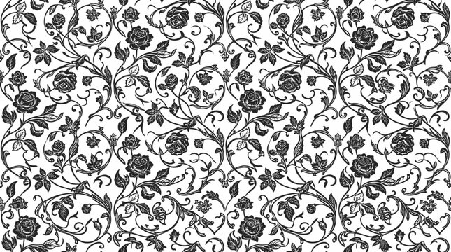 Ornate black floral pattern with intricate vines and blooms on a white background, ideal for design use