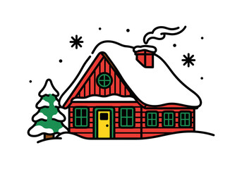 Fototapeta premium Cozy red cabin with snow-covered roof and pine tree in winter wonderland