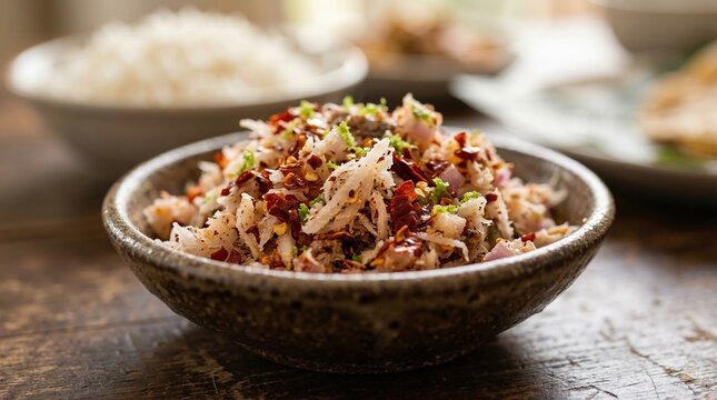 Fresh Pol Sambol Coconut Relish in Rustic Bowl