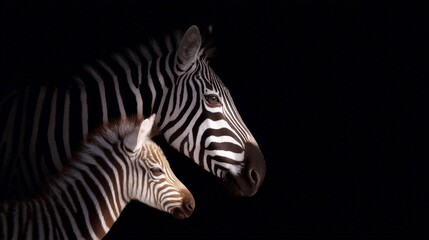 Fototapeta premium Two zebras stand side by side in a striking profile. They display elegant stripes against a dark backdrop. The image captures their beauty and grace. Perfect for wildlife lovers. AI