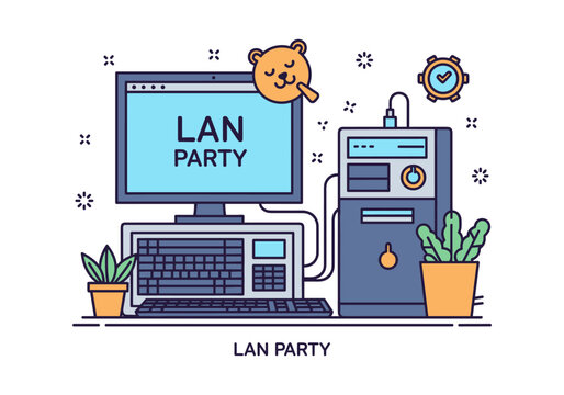 Computer setup for a fun LAN party with gaming and networking elements