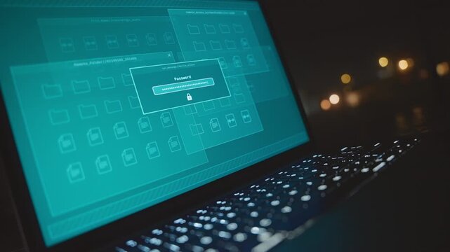 Laptop with top secret government server entry granted with correct password. Security breach as hacker spy agent type pass code to access private sensitive intelligence and information data archive
