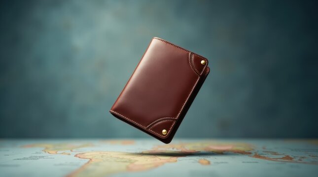 Porta pasaporte de viaje de cuero de lujo flotando en el aire, fondo de viaje minimalista, iluminaci&oacute;n de estudio suave