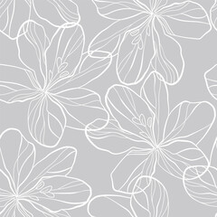 Line Art Flower Seamless Pattern. Elegant Flowers Linear Style Print Design. Creative Floral Botanical Pattern. Fashionable Template for Fabric, Prints, Summer Design. Vector Illustration © Наталья Дьячкова