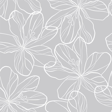 Line Art Flower Seamless Pattern. Elegant Flowers Linear Style Print Design. Creative Floral Botanical Pattern. Fashionable Template for Fabric, Prints, Summer Design. Vector Illustration