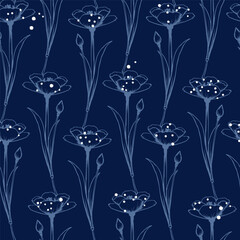 Floral Seamless Pattern. Abstract Botanical Background. Dark Blue Monochrome Flower Seamless Pattern Line Art Style. Minimalist Vector Floral Print Design for Fabric, Textiles or Wallpapers.