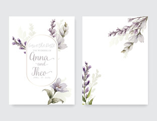 Watercolor Pastel Colored Flower Wedding Invitation. Spring Flower Card Set, Botanical Background. Vector Watercolor Floral Invitation.